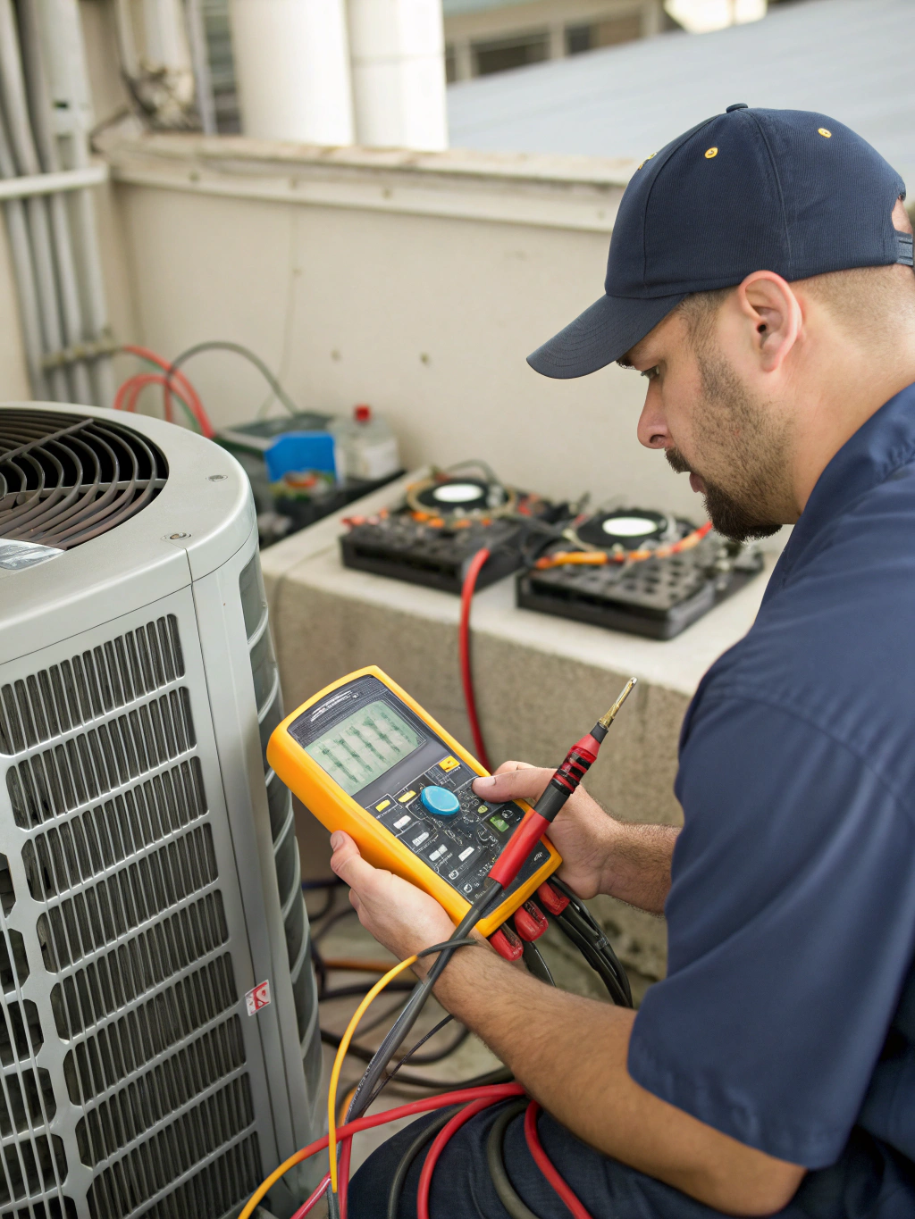 Technician testing electrical components in AC unit