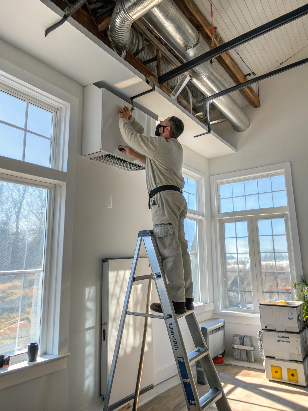 New modern HVAC unit installed in a residential basement