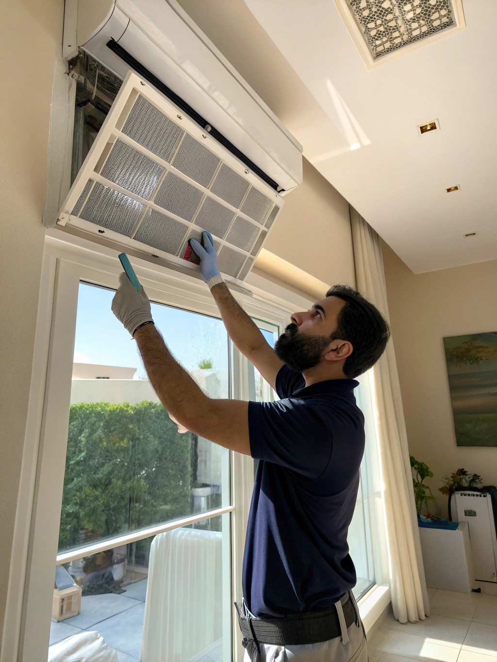 Homeowner checking an air conditioning filter