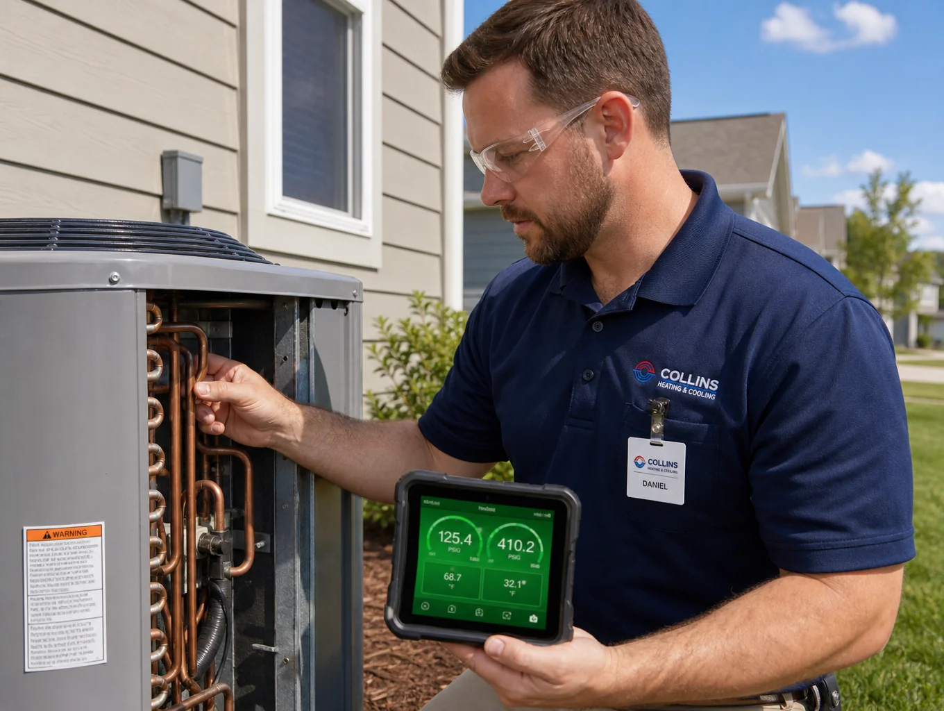 Technician inspecting a commercial HVAC system with diagnostic tools