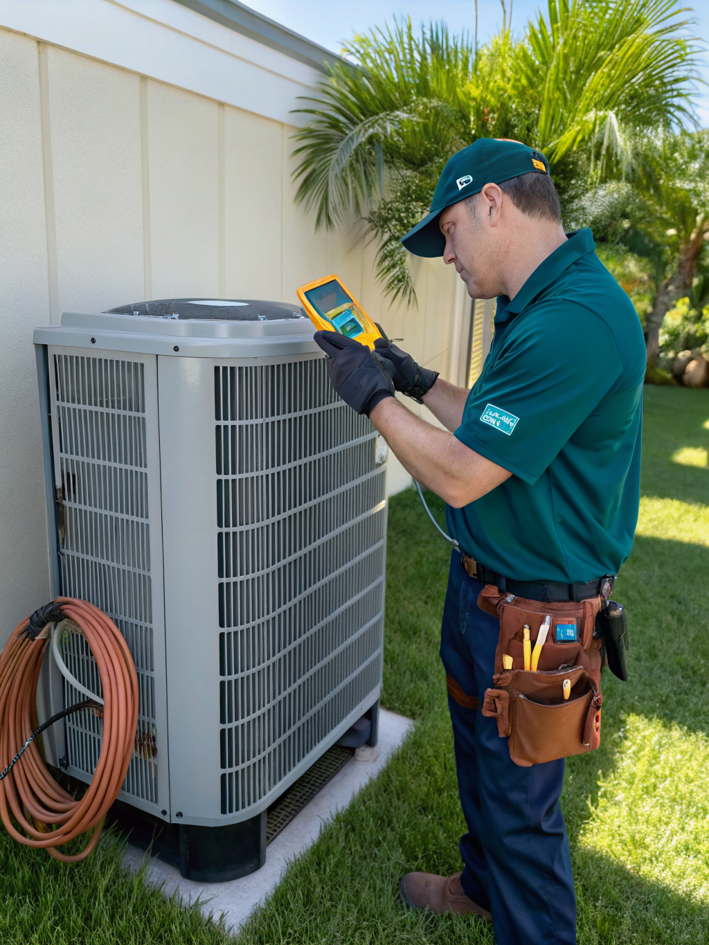 Technician using diagnostic tools on an AC unit