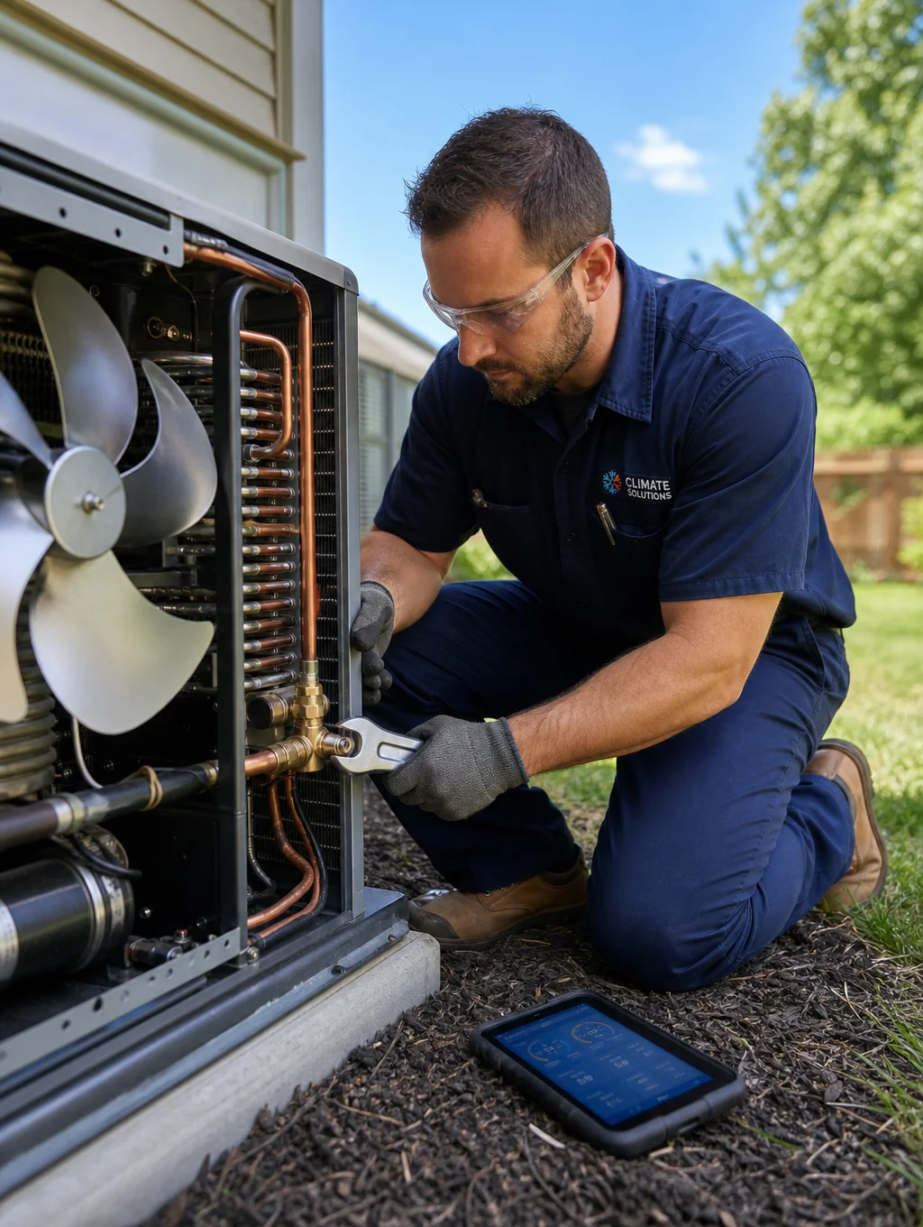 Technician inspecting an outdoor AC unit with professional tools