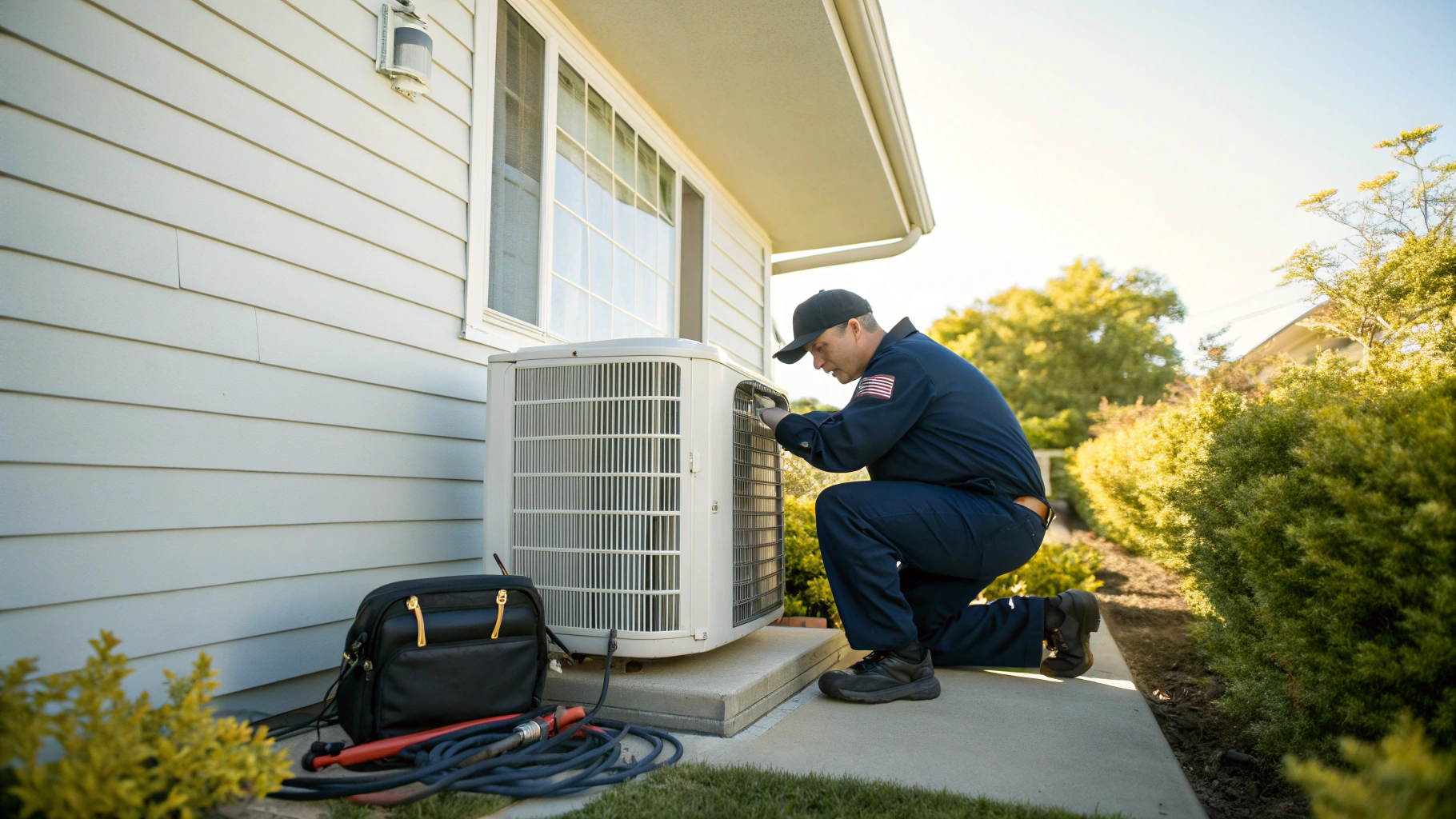Professional HVAC technician inspecting a residential air conditioning unit in Atlanta