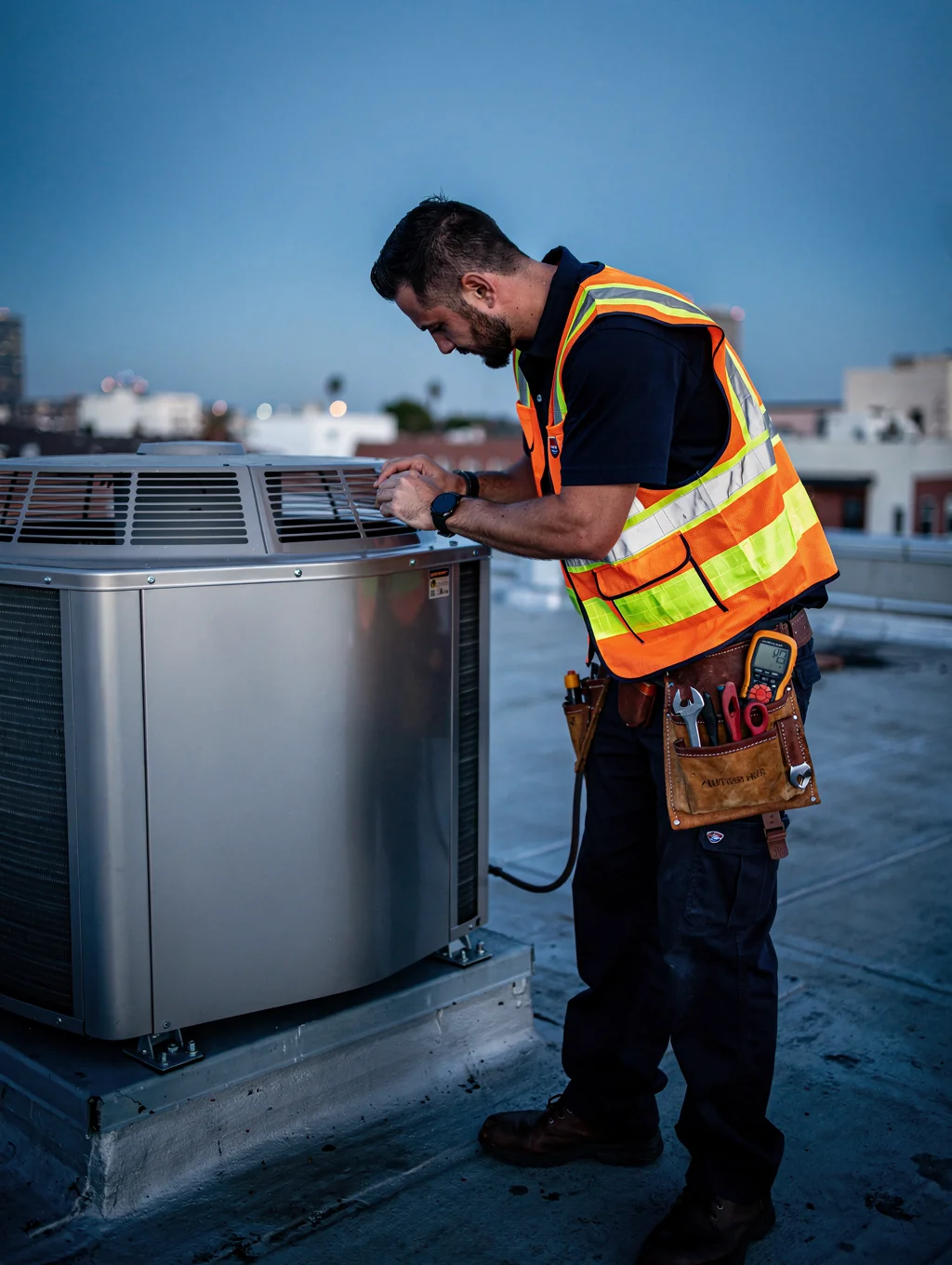 Atlanta HVAC technicians inspecting a rooftop unit at sunset