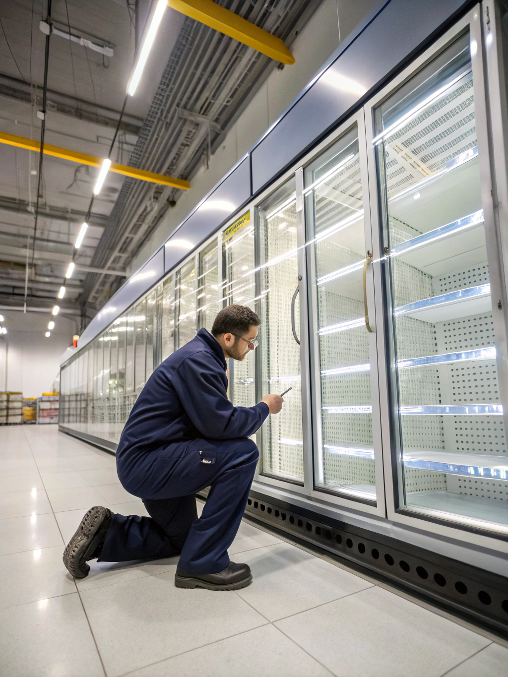 Commercial walk-in freezer unit with temperature controls