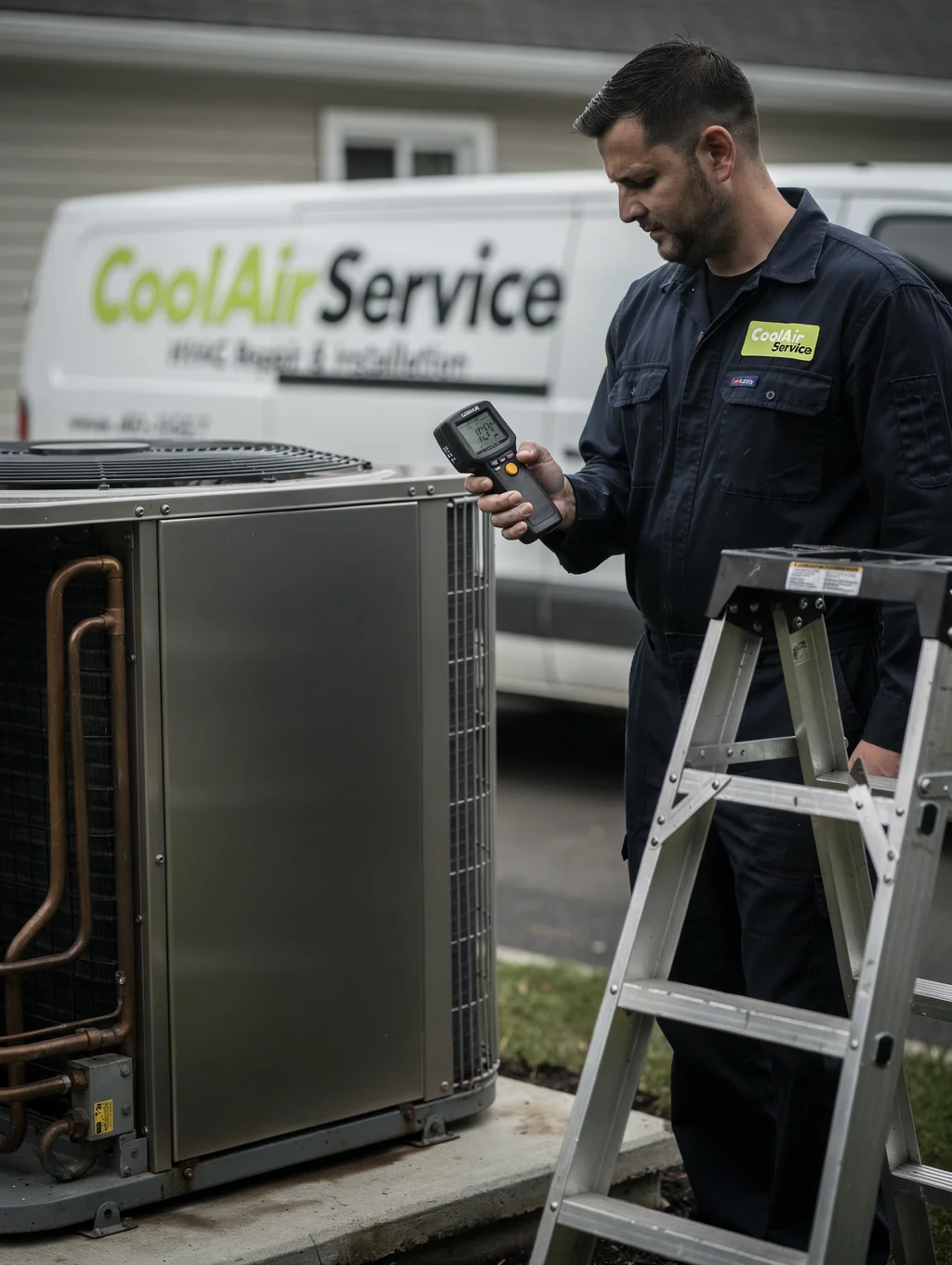 Emergency HVAC dispatch technician inspecting air conditioning unit in Atlanta