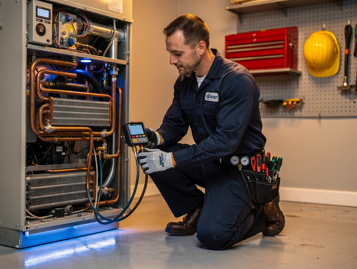 HVAC technician performing diagnostic checks with digital manifold gauges on AC condenser