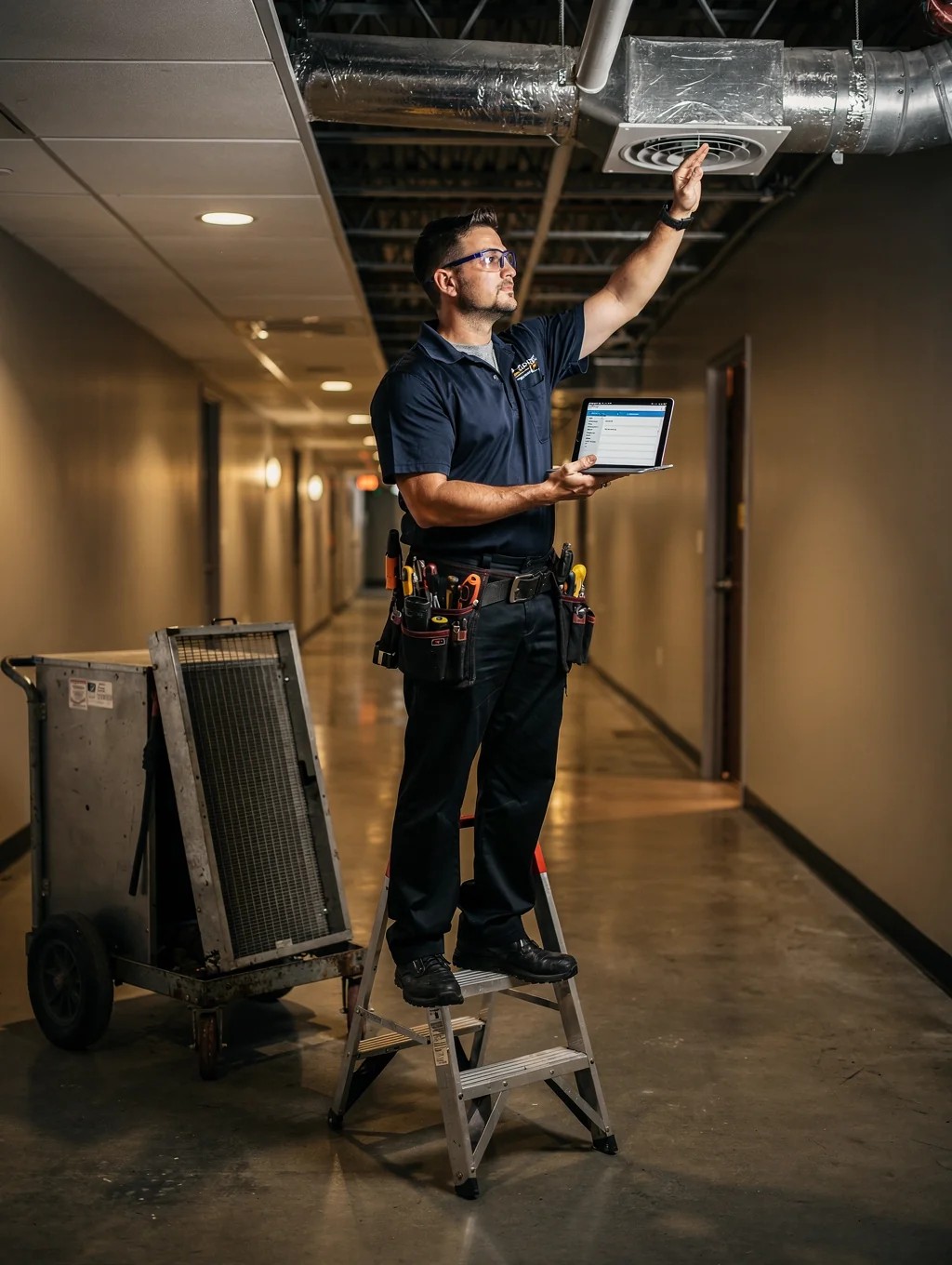 Technician inspecting HVAC air filter in utility room