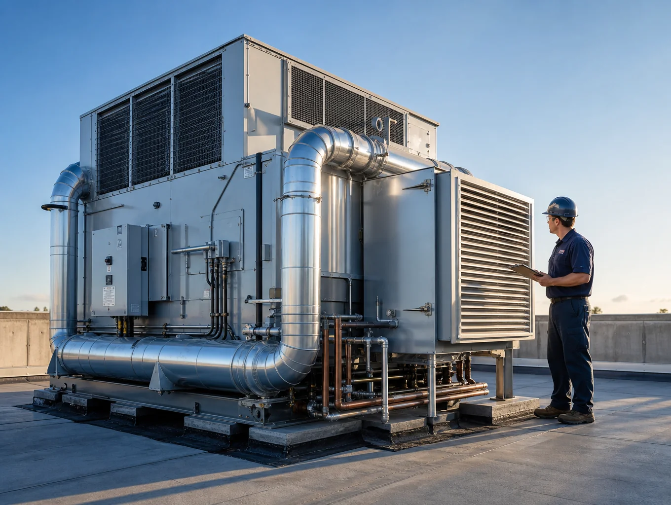 Commercial rooftop HVAC unit undergoing specialized service