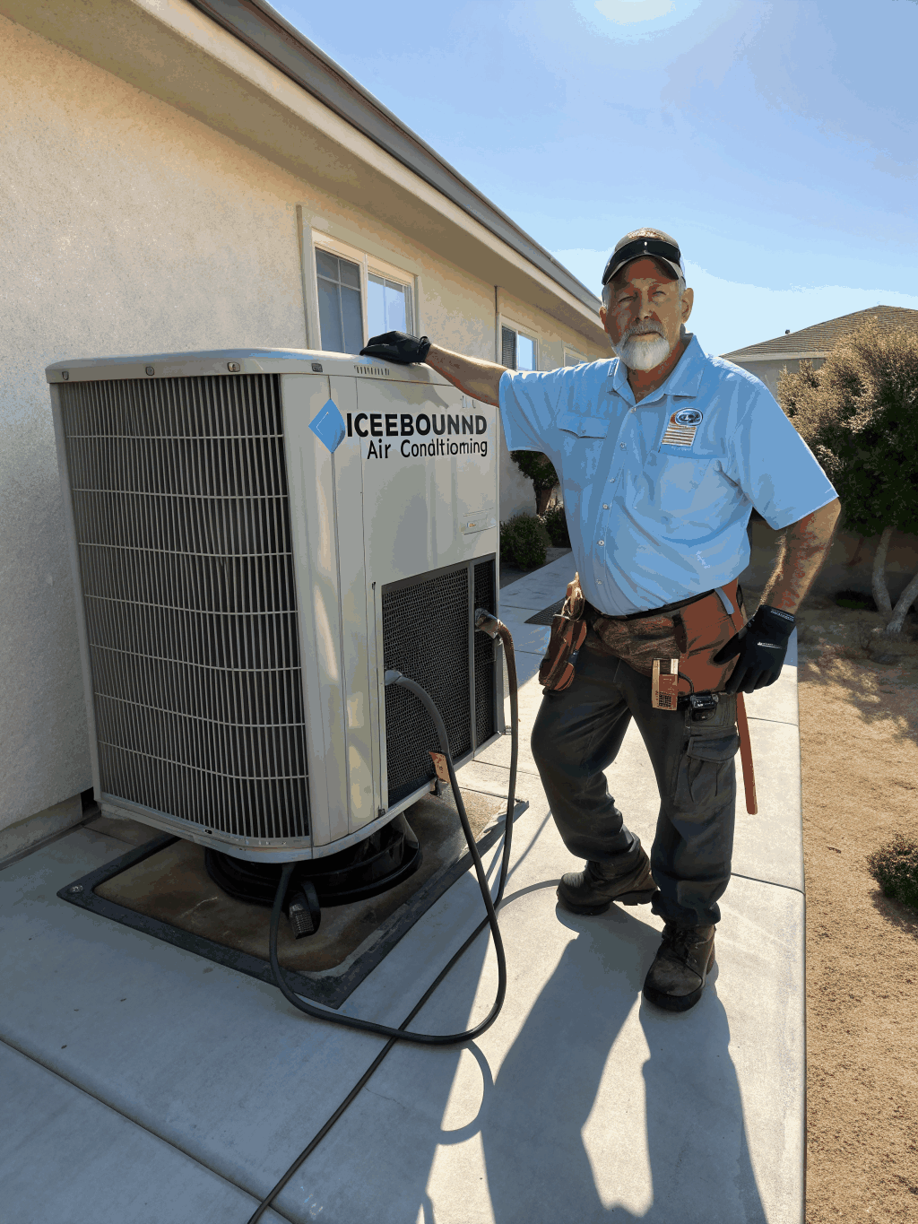 HVAC technician diagnosing an outdoor air conditioning unit