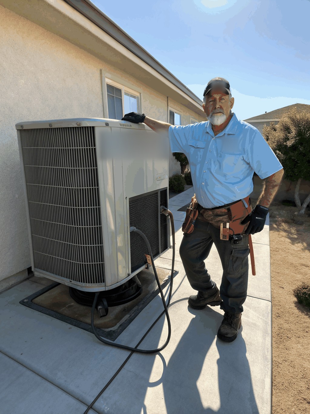 HVAC technician diagnosing an outdoor air conditioning unit