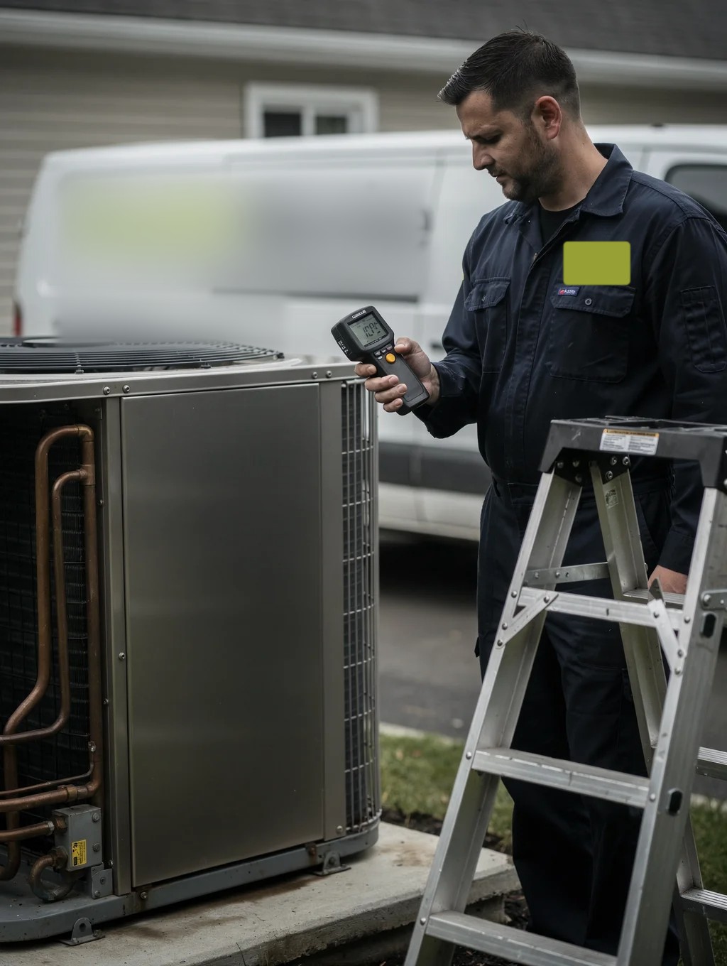 Emergency HVAC dispatch technician inspecting air conditioning unit in Atlanta